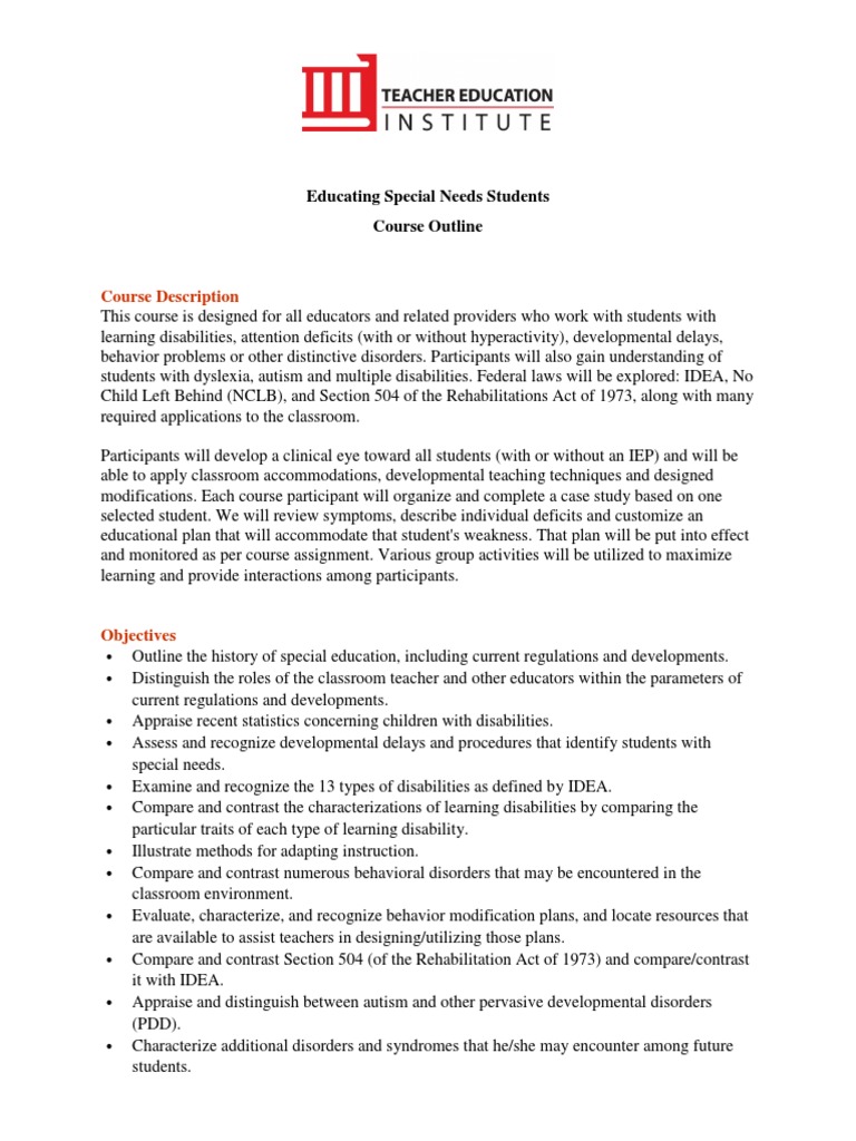Educating Special Needs Students Course | PDF | Special Education | No ...