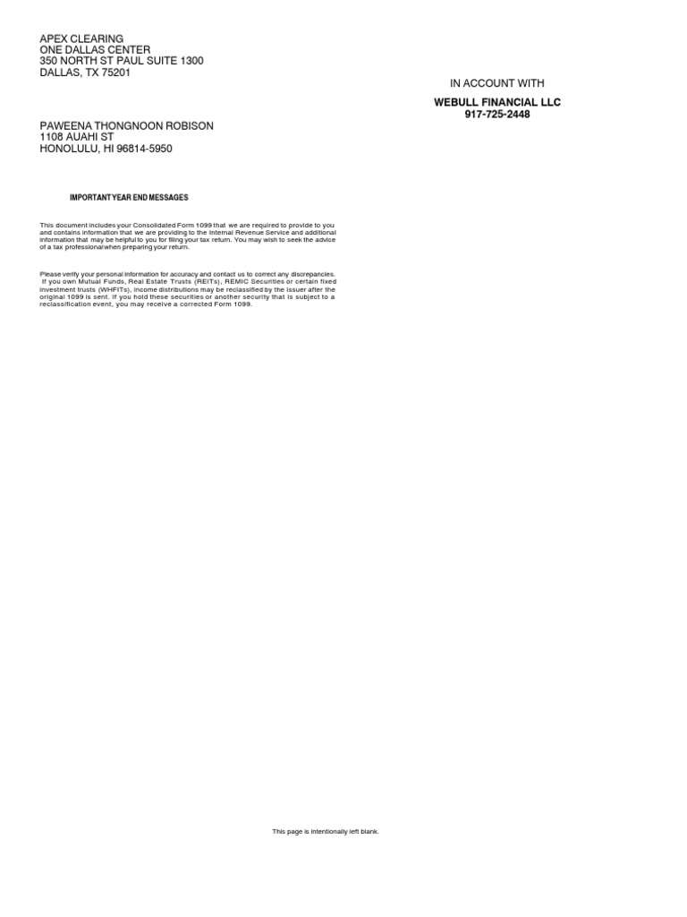 Apex Clearing One Dallas Center 350 North ST Paul Suite 1300 DALLAS, TX  75201 in Account With | PDF | Income Tax In The United States | Irs Tax  Forms