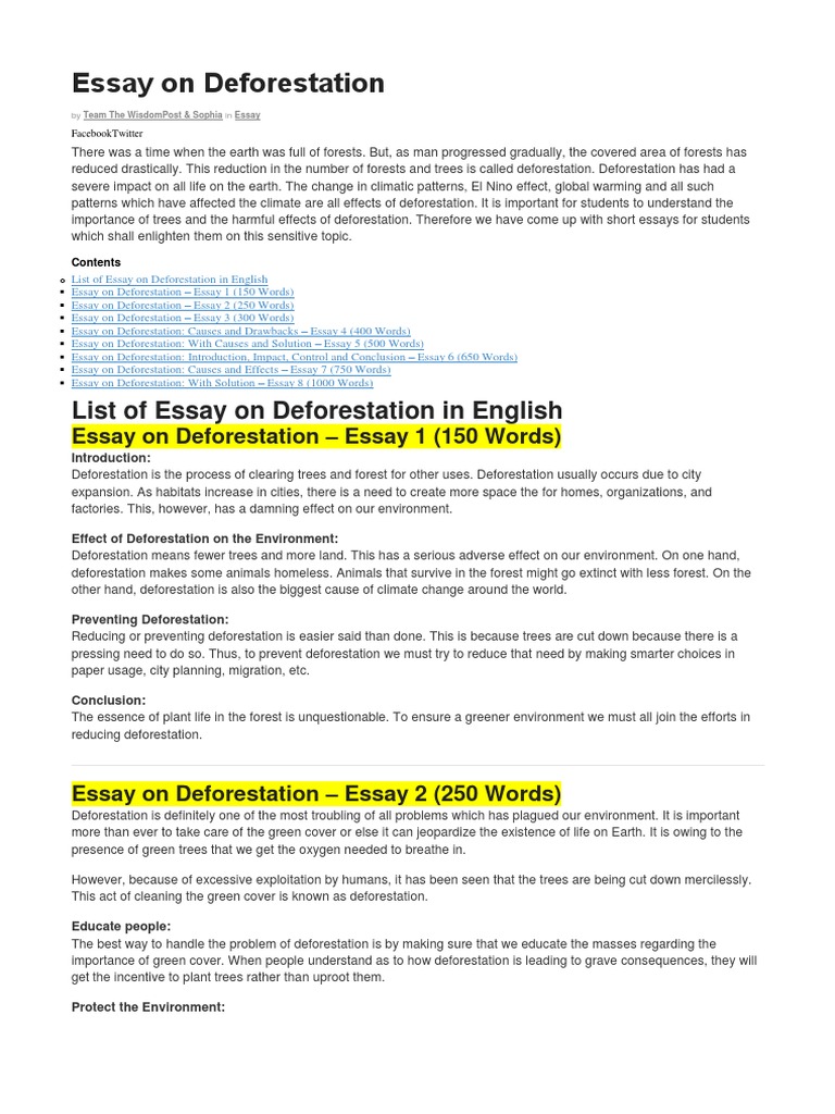 Essay On Deforestation | PDF | Deforestation | Natural Environment