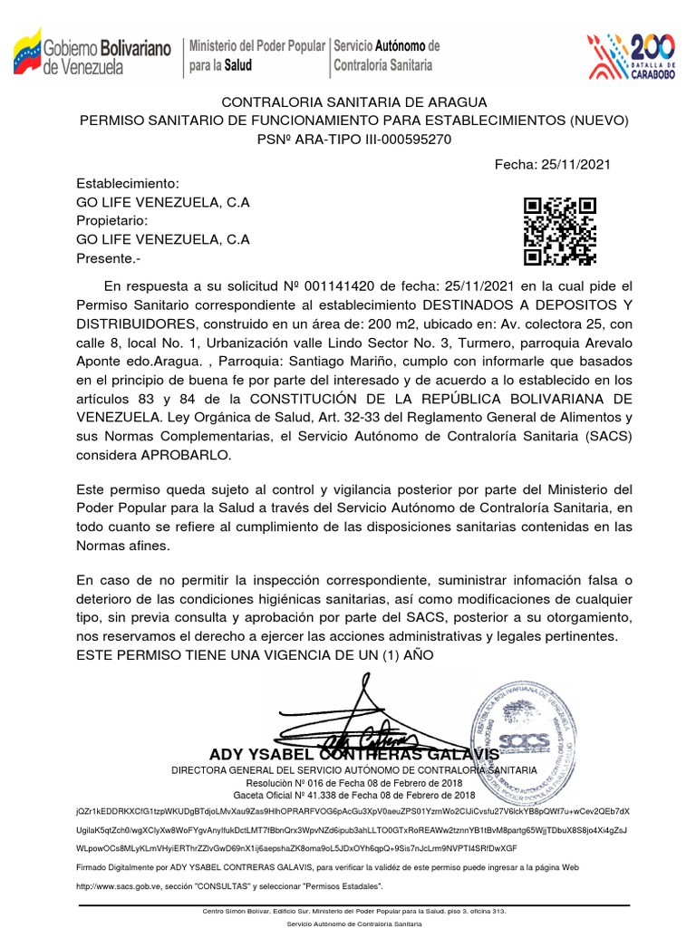 Permiso sanitario de funcionamiento otorgado a establecimiento de