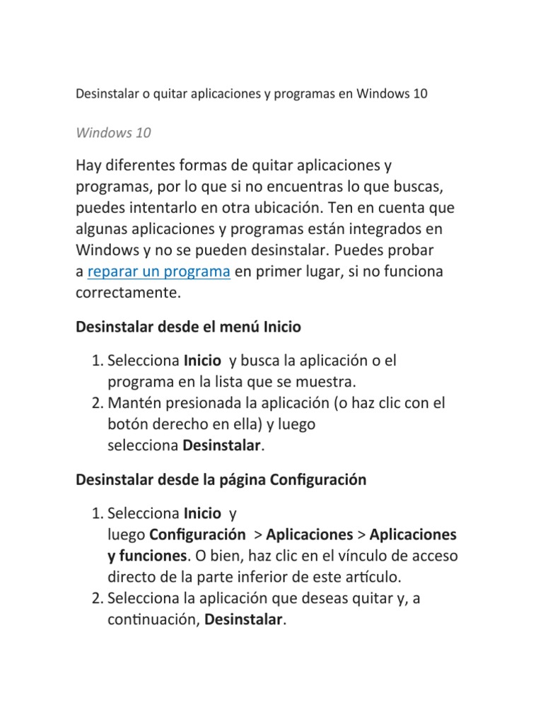 Desinstalar o Quitar Aplicaciones y Programas en Windows 10 | PDF