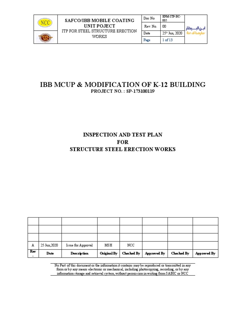 ITP for Steel Structure Erection | PDF | Specification (Technical ...