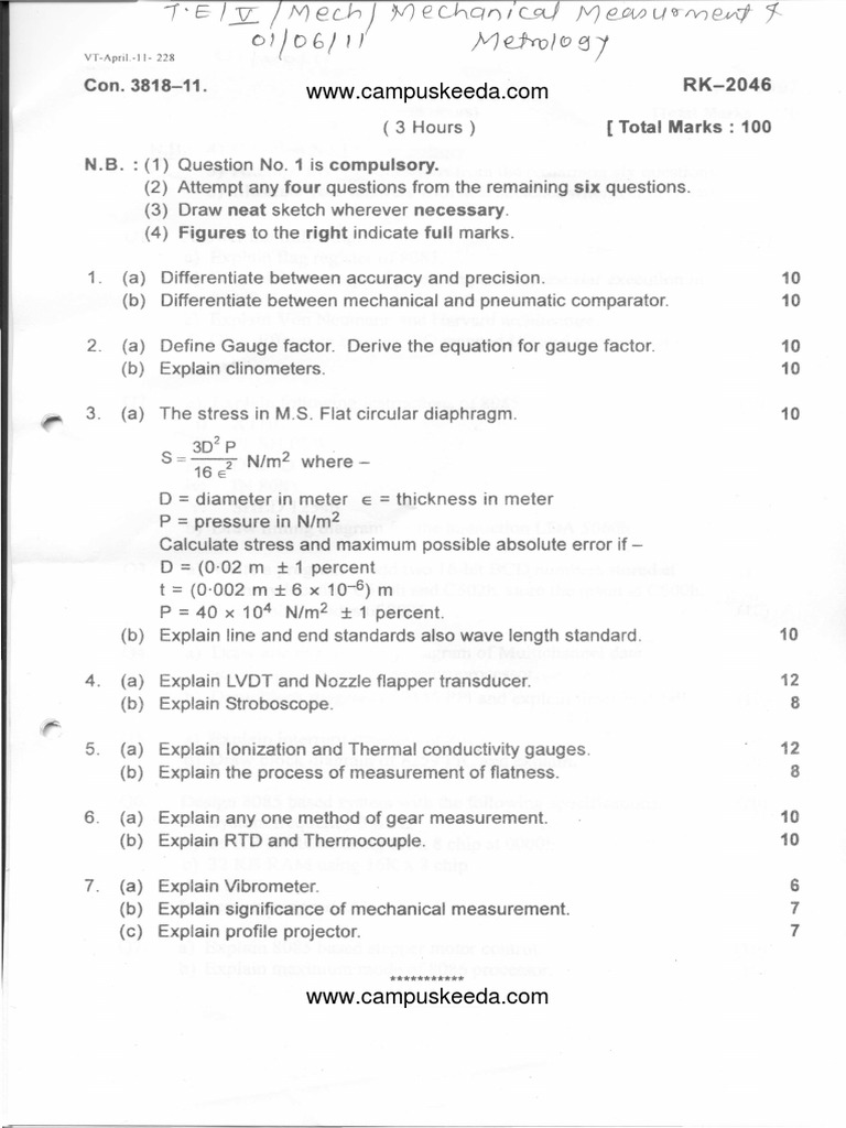 Measurement Techniques and Comparators Exam | PDF | Physical Quantities ...