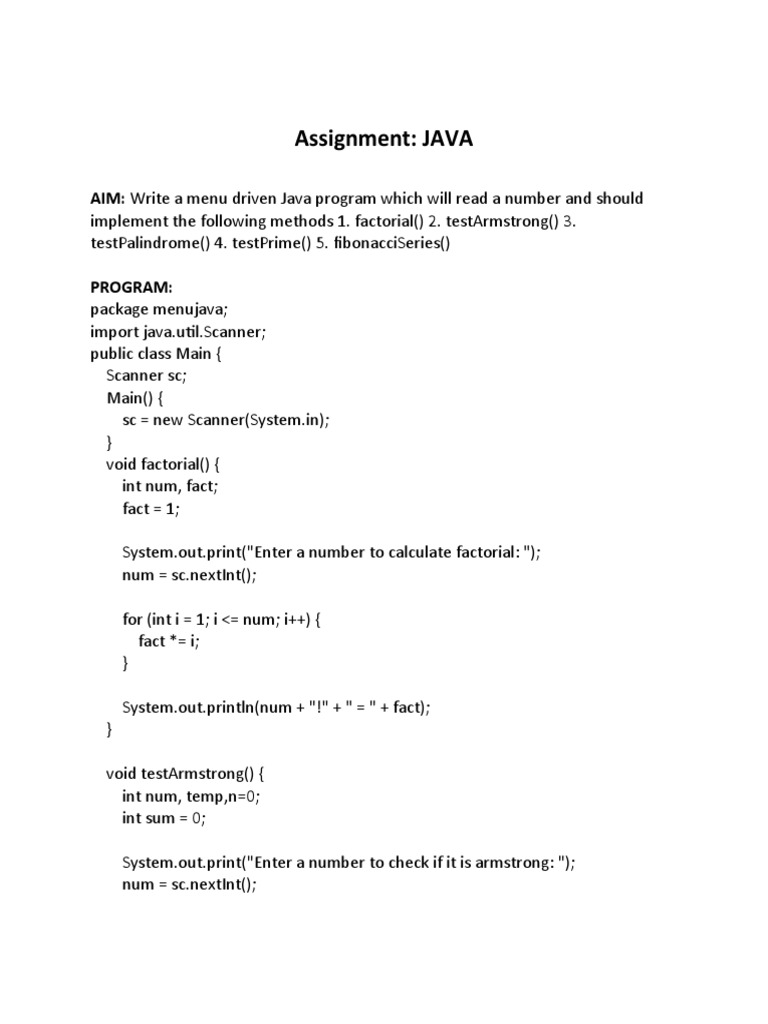 Assignment: JAVA: AIM: Write A Menu Driven Java Program Which Will Read ...