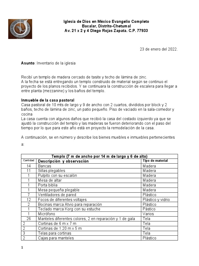 Inventario de Bienes de la Iglesia | PDF | Materiales