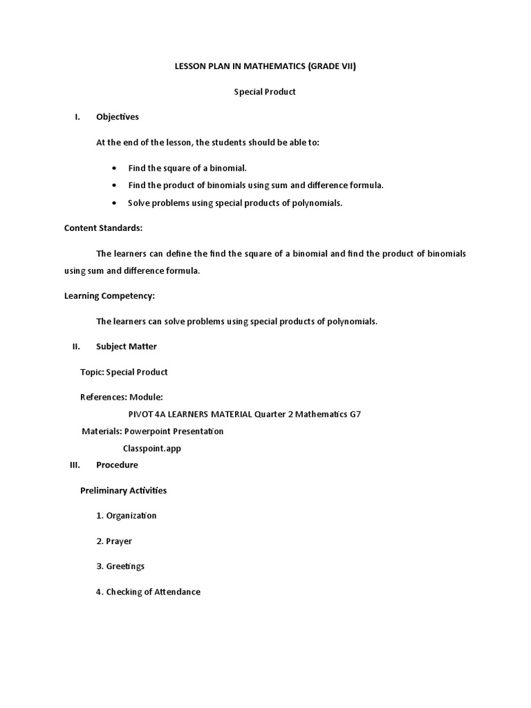 Lesson Plan in Special Product MATHEMATICS G7-W6 | PDF