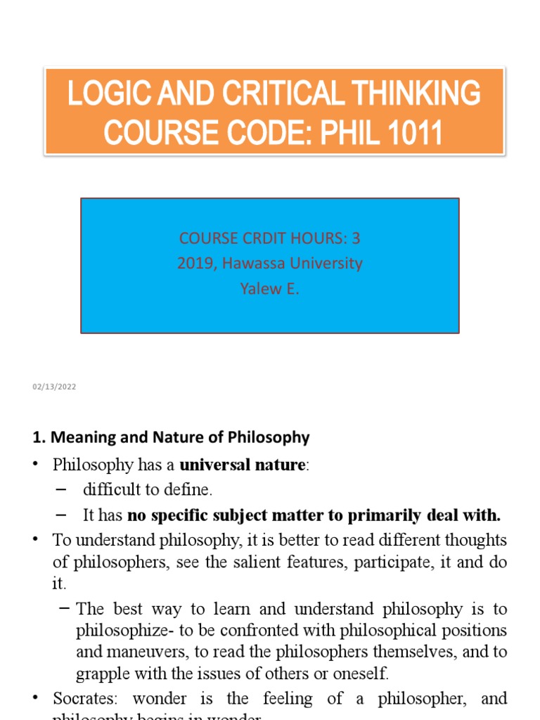 Logic and Critical Thinking Course Code: Phil 1011: Course Crdit Hours ...
