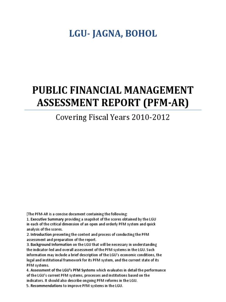 Public Financial Management Assessment Report (Pfm-Ar) : Lgu-Jagna ...