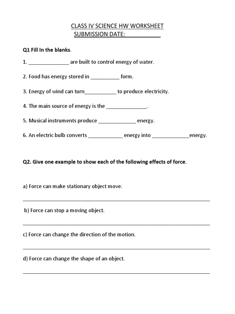 CBSE Class 4 Science Worksheet - Energy | PDF