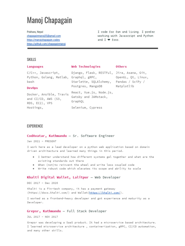 Resume Docs Pdf Python Programming Language Computing
