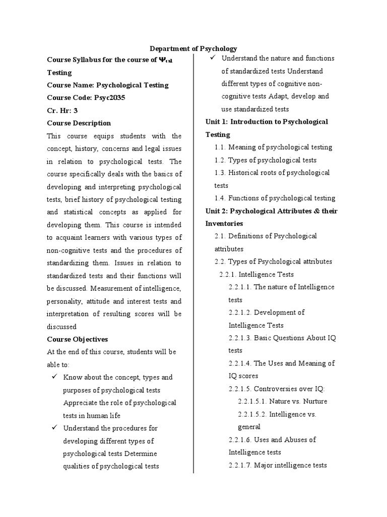 Course Syllabus For The Course Psychological Testing | PDF | Validity ...