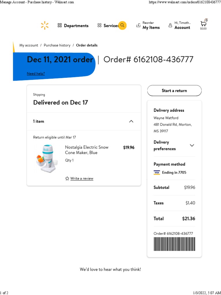 Walmart Purchase History Search Notification