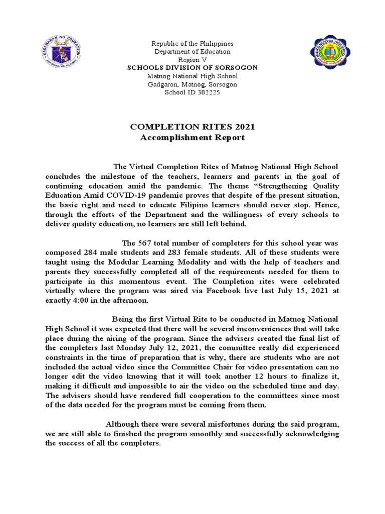 Completion Rites 2021 Accomplishment Report: Schools Division of ...