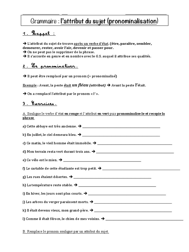 Exercices de pronominalisation | PDF | Sujet (Grammaire) | Pronom