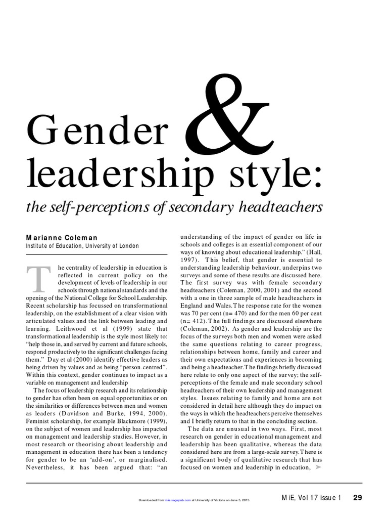 Gender and Leadership Style The Self Perception of Secondary