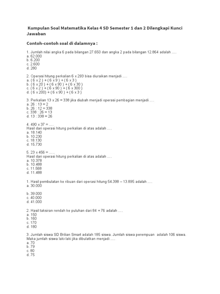 Soal Matematika Kelas 4 SD Semester 1 | PDF | Metode & Bahan Ajar