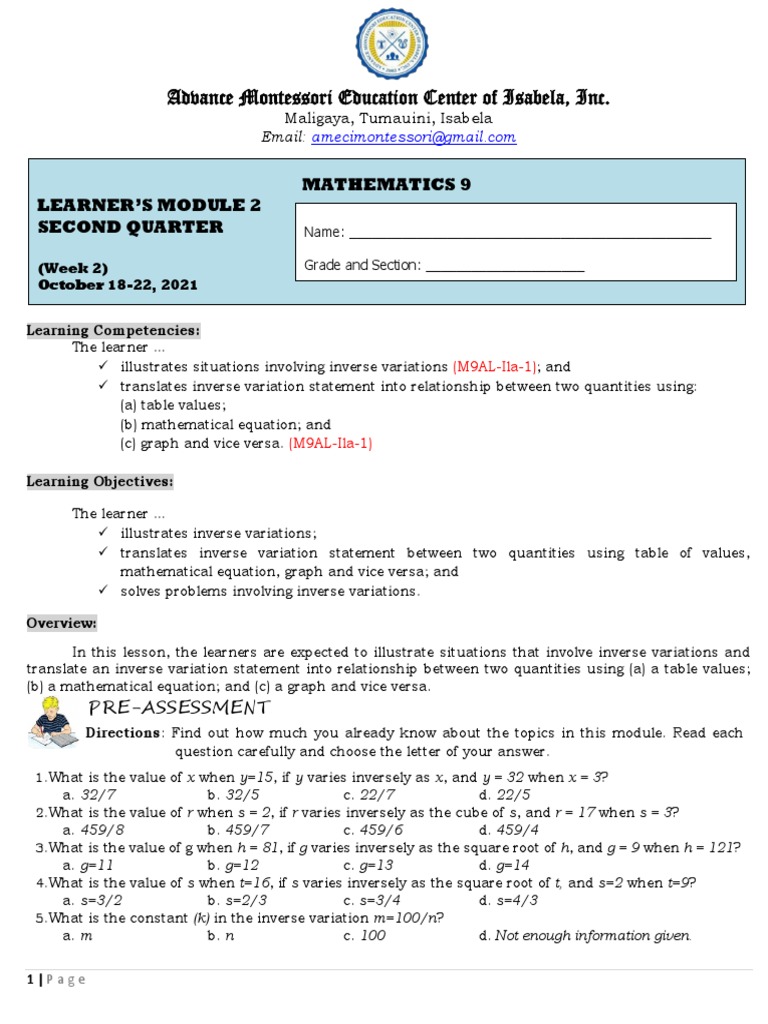 Grade 9 Math: Inverse Variations Q2W2 | PDF | Speed | Lever