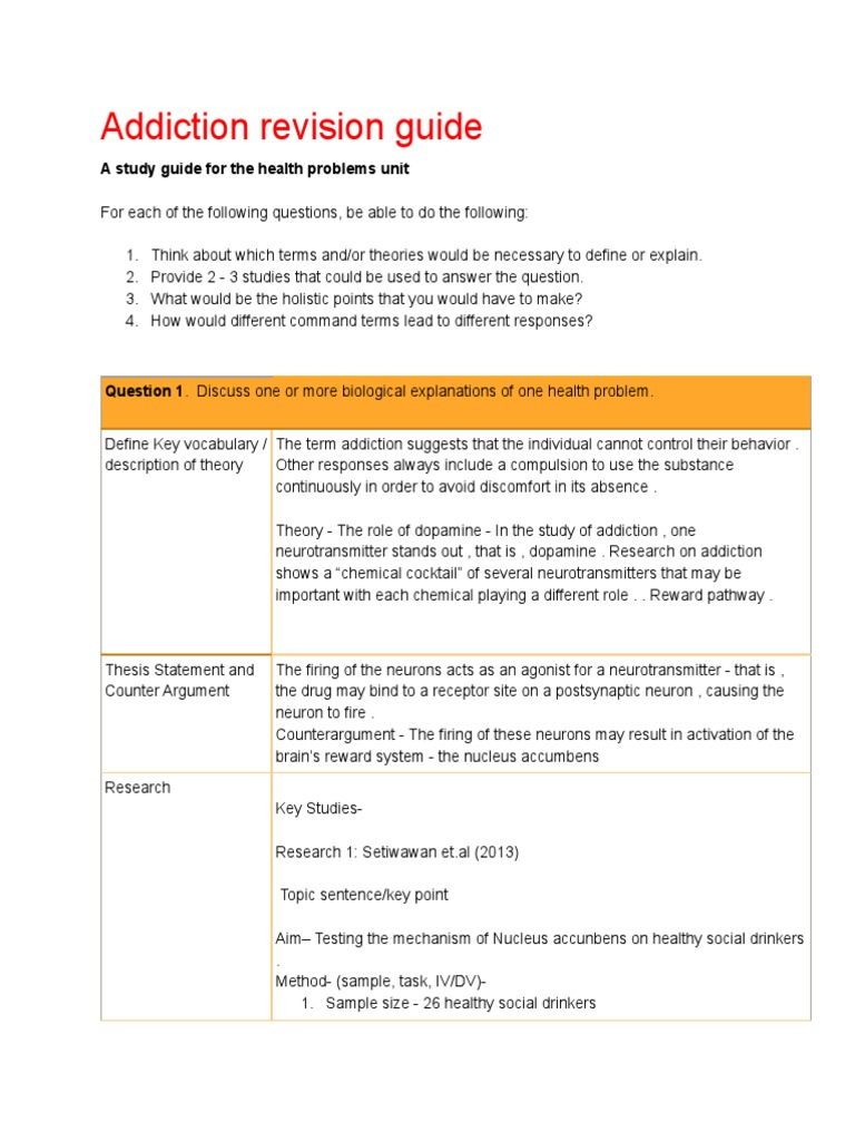 Addiction Revision Guide: A Study Guide For The Health Problems Unit ...