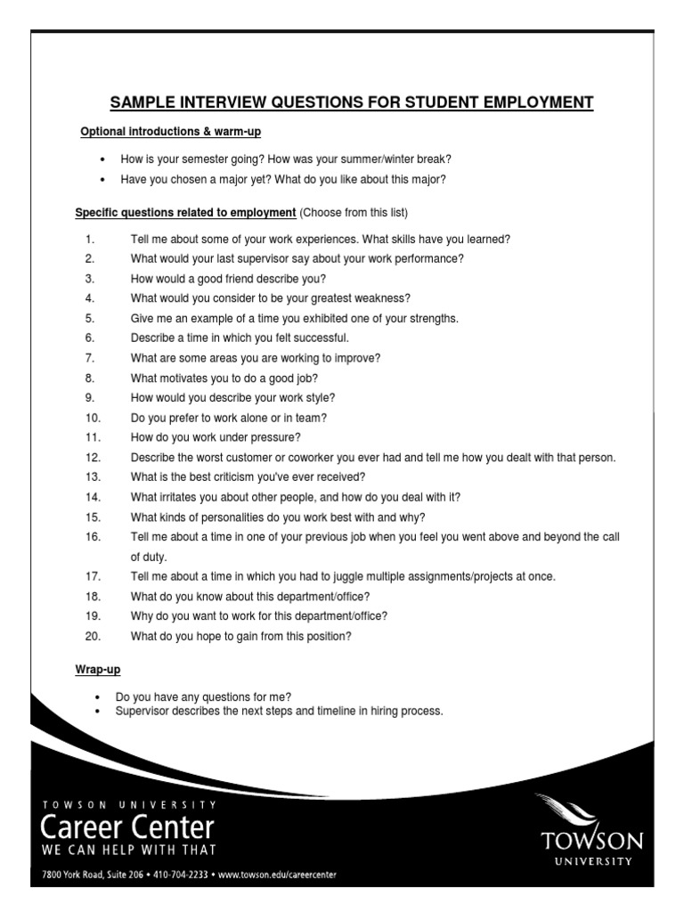 Sample Interview Questions For Student Employment: Optional ...