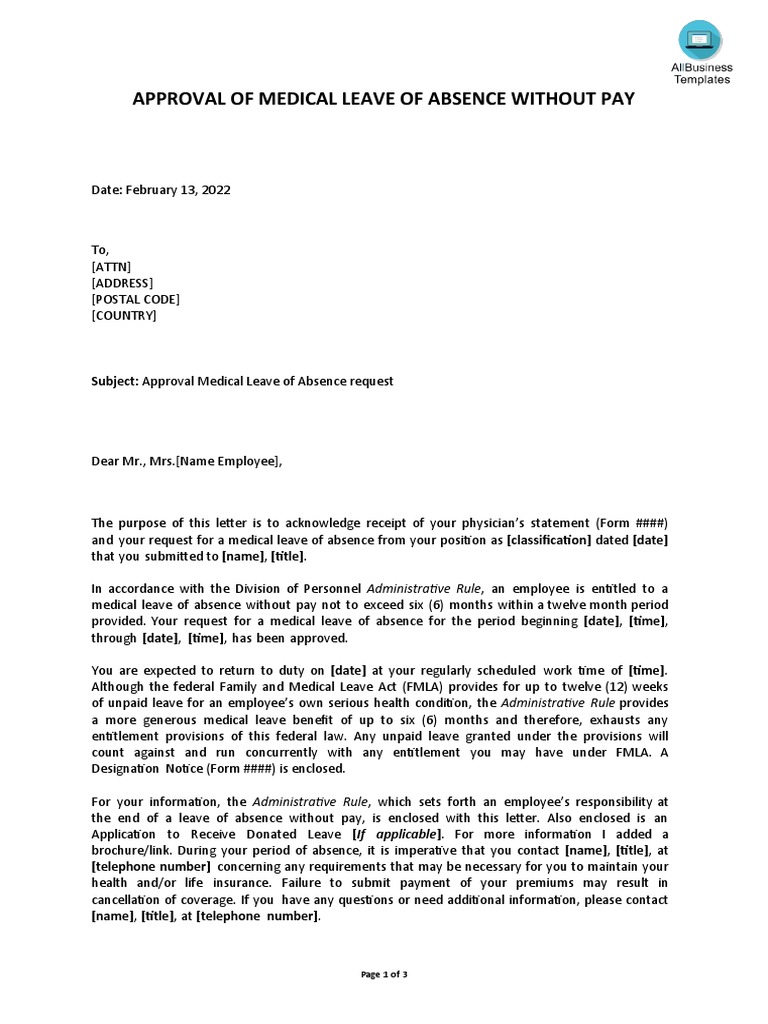 Medical Leave of Absence Without Pay (HR Approval Template) PDF