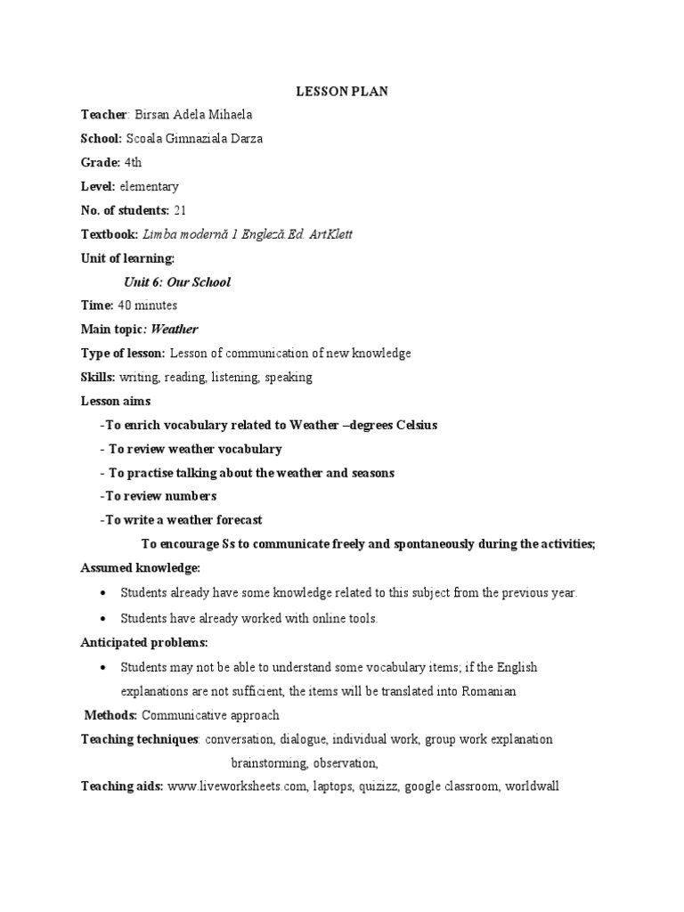 Lesson Plan Clasa A Iva Weather | PDF | Teachers | Vocabulary
