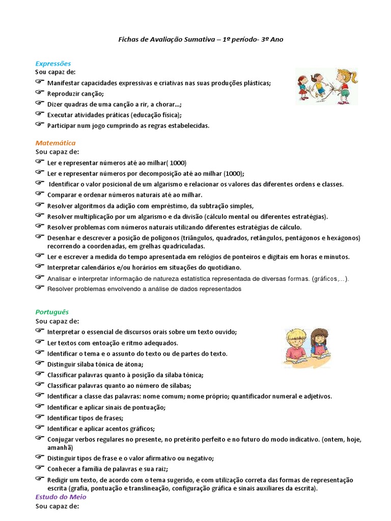 Fichas de Avaliação 3º Ano - 1º Período | PDF | Linguística