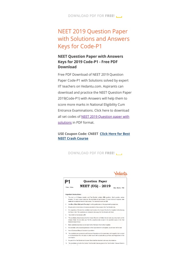 NEET 2019 Question Paper With Solutions and Answers Keys For Code-P1 | PDF