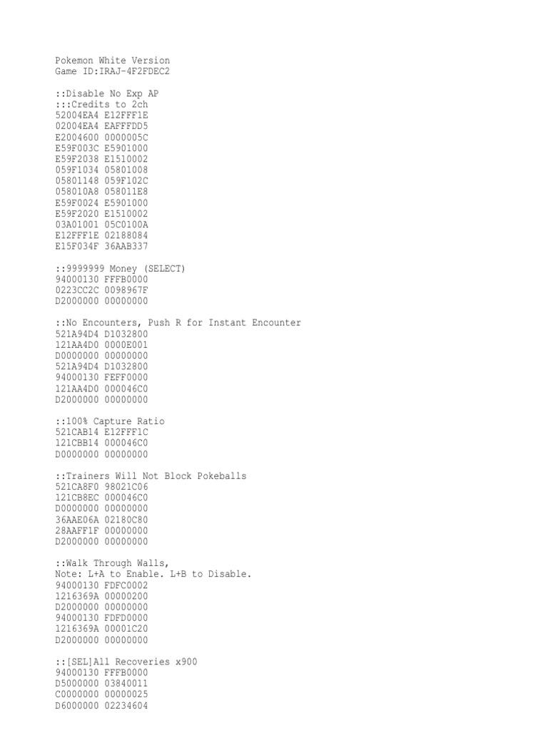 Pokemon White Action Replay Codes | PDF | Series Of Children&rsquo;s 