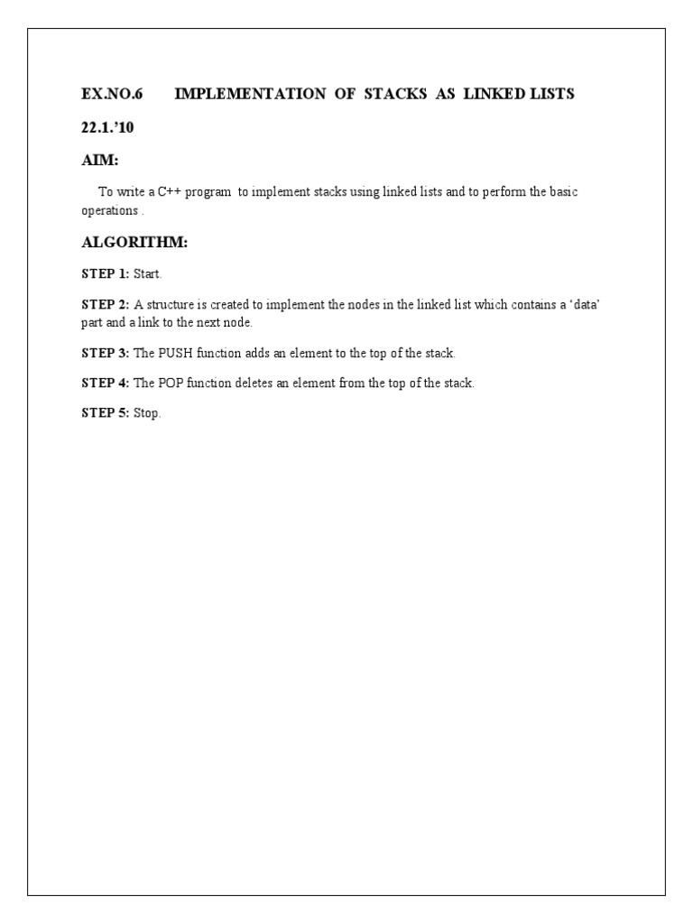 Ex - No.6 Implementation of Stacks As Linked Lists 22.1.'10 Aim | PDF