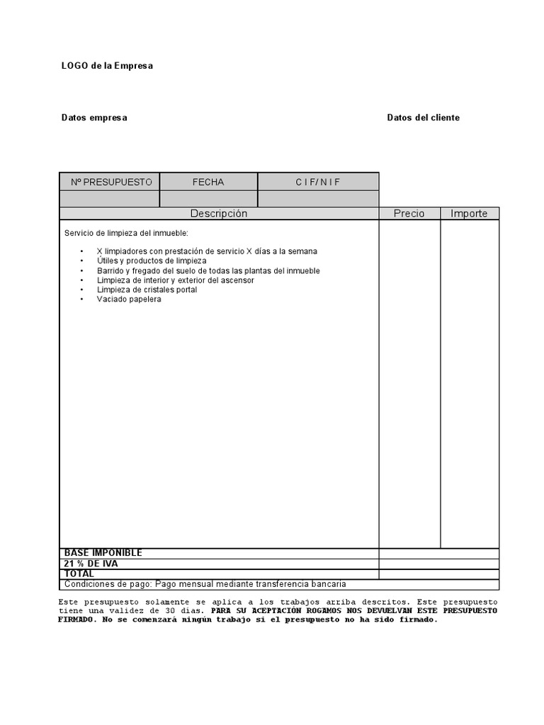 Plantilla Presupuesto Limpieza | PDF