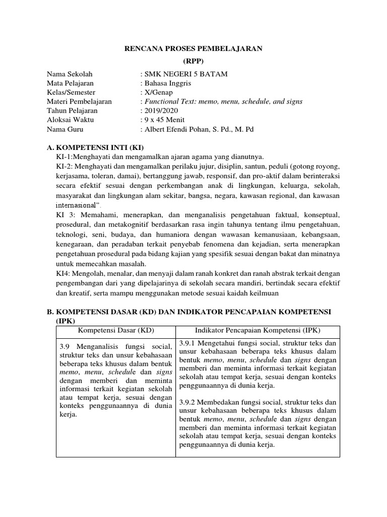 Rencana Proses Pembelajaran (RPP) : Memo, Menu, Schedule Dan Signs | PDF