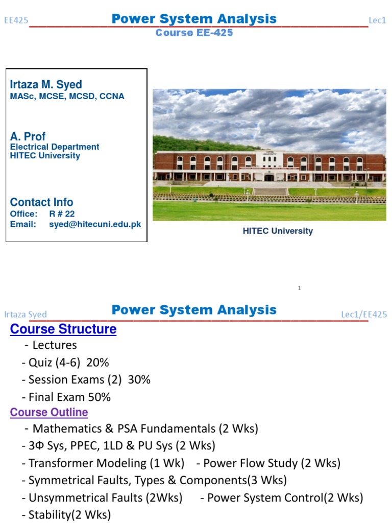 Power System Analysis Course EE-425 | PDF | Complex Number | Elementary ...