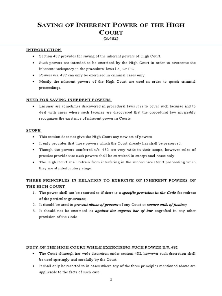 Inherent Powers of High Court Under S.482 | PDF | Supreme Courts | Courts