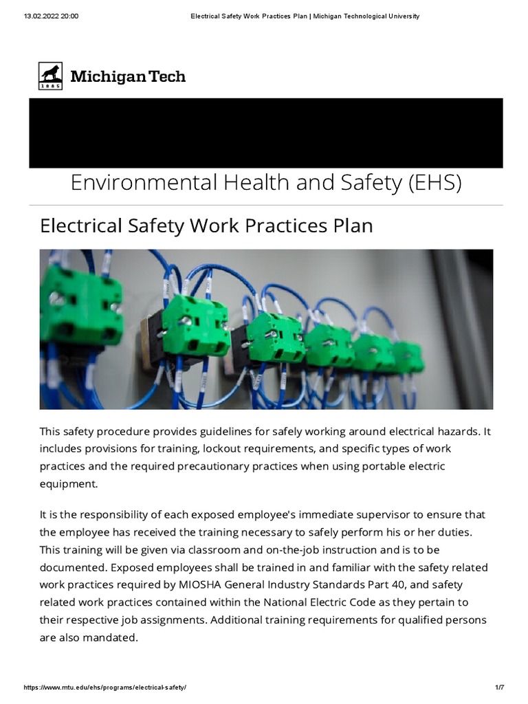 Electrical Safety Work Practices Plan Michigan Technological University PDF Insulator