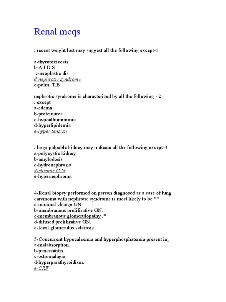 Renal MCQS: D-Nephrotic Syndrome | PDF