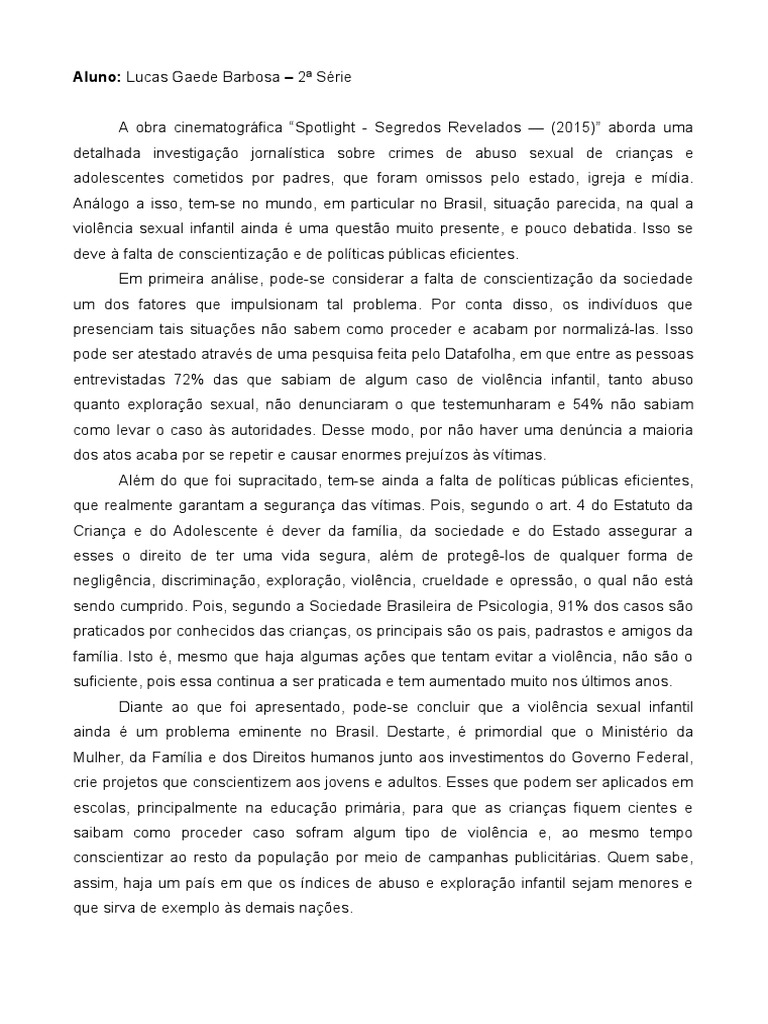 Redação P1 Violência Sexual Infantil PDF Violência Família