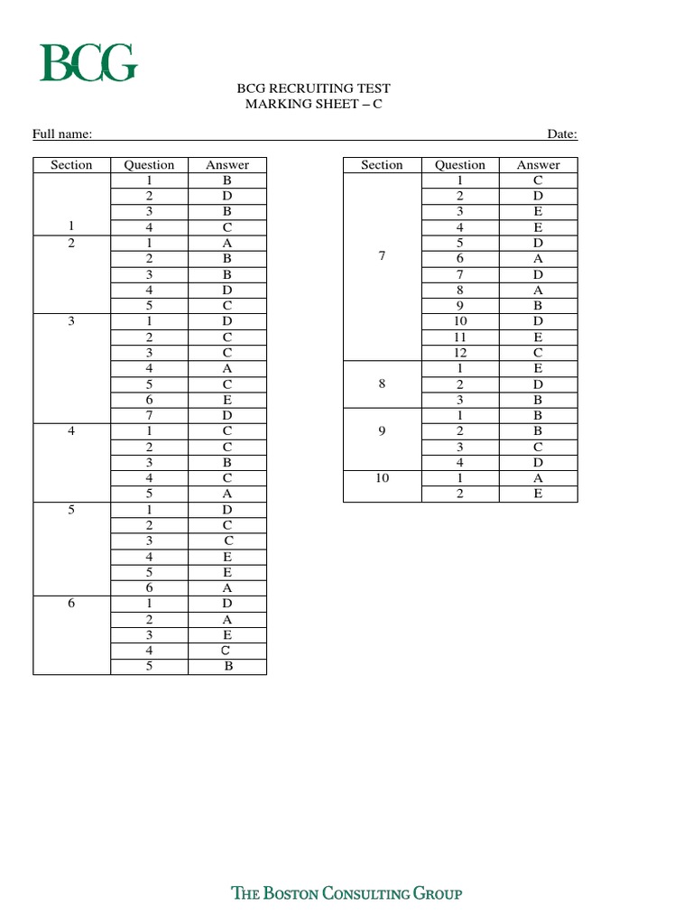 BCG Recruiting Test Marking Sheet | PDF | Technology & Engineering