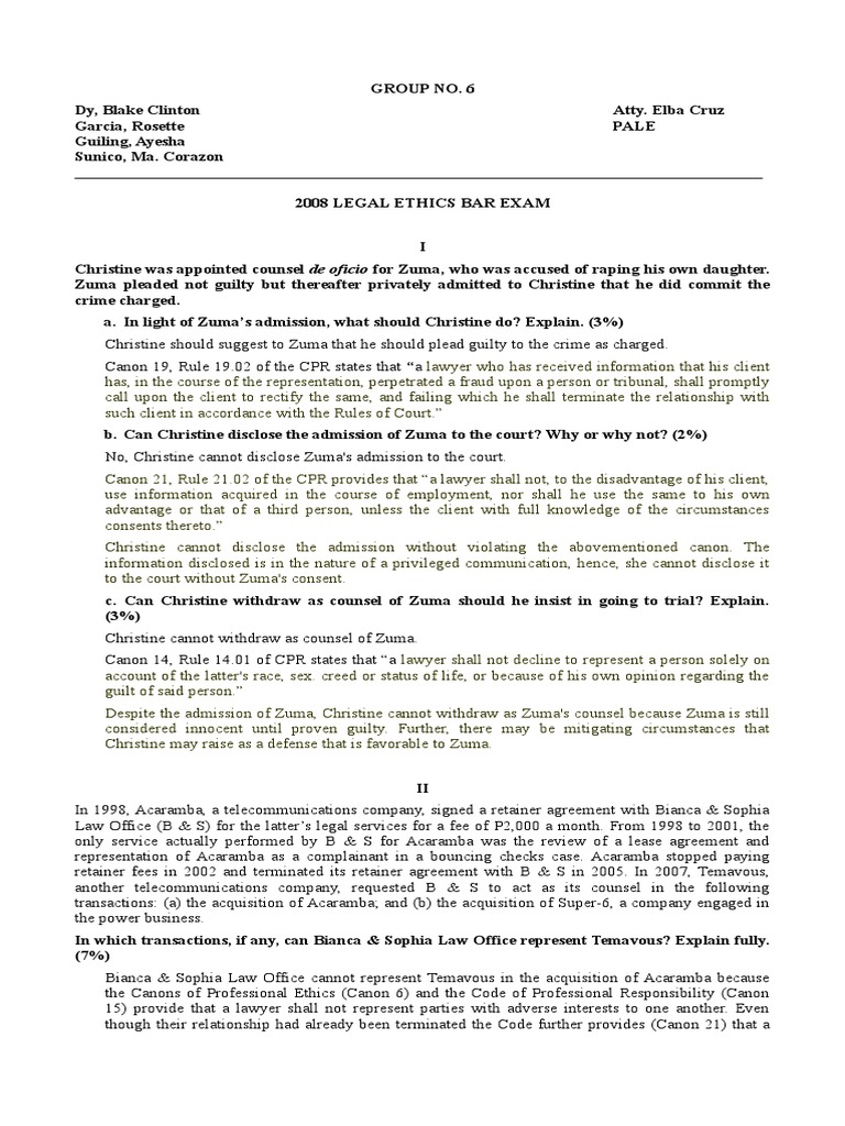 Legal Ethics Bar Exam With Suggested Answersdoc PDF Lawyer Complaint