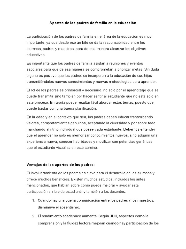Aportes de Los Padres de Familia en La Educación More | PDF ...