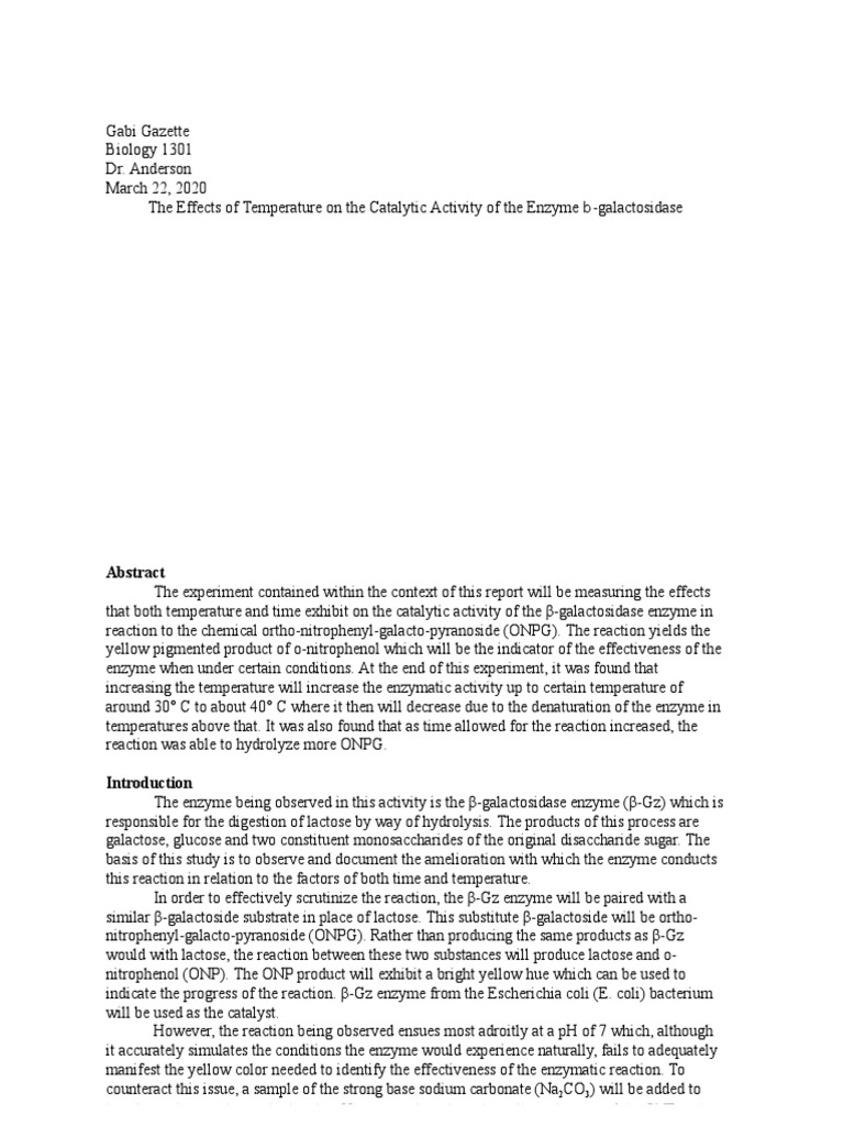 Biology Lab Report The Effects of Time and Temperature of The Catalytic Activity of The Beta