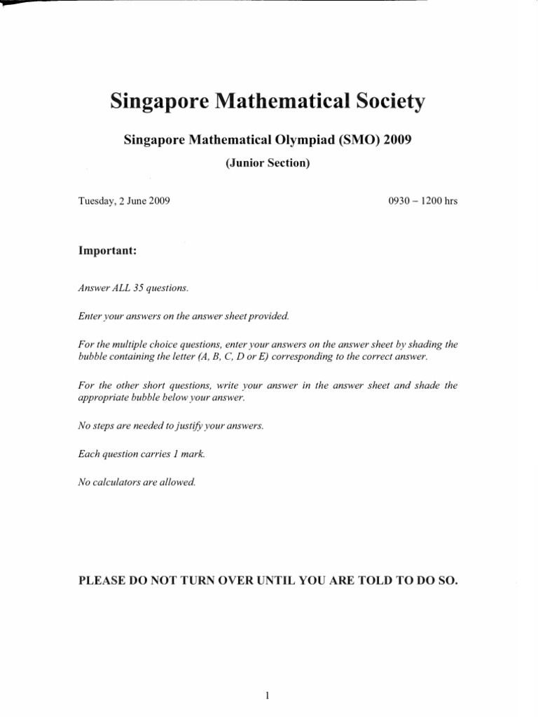 SMO 2009: Junior Math Challenge | PDF | Numbers | Triangle
