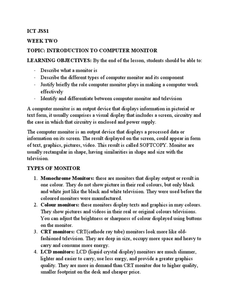 Ict Jss1 Week Two Topic Introduction To Computer Monitor LEARNING