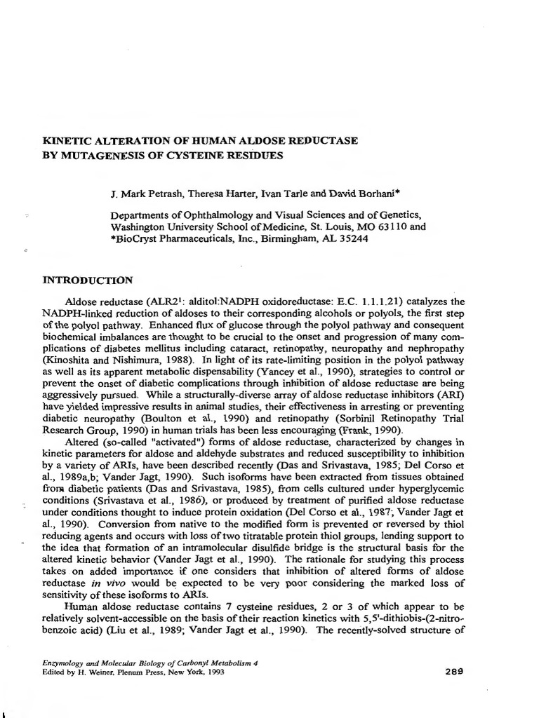 Mutagenesis Effects on Aldose Reductase PDF Cysteine Chemistry