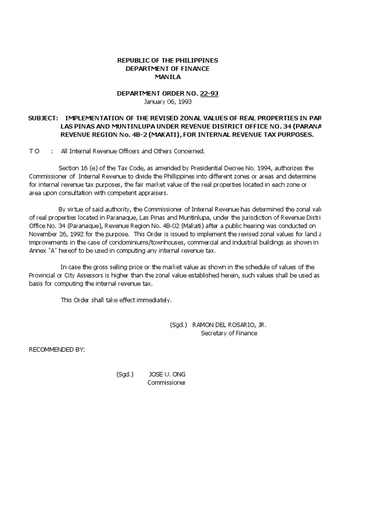 DEPARTMENT ORDER NO. 22-93 RDO No. 53B - Muntinlupa City | PDF | Taxes ...