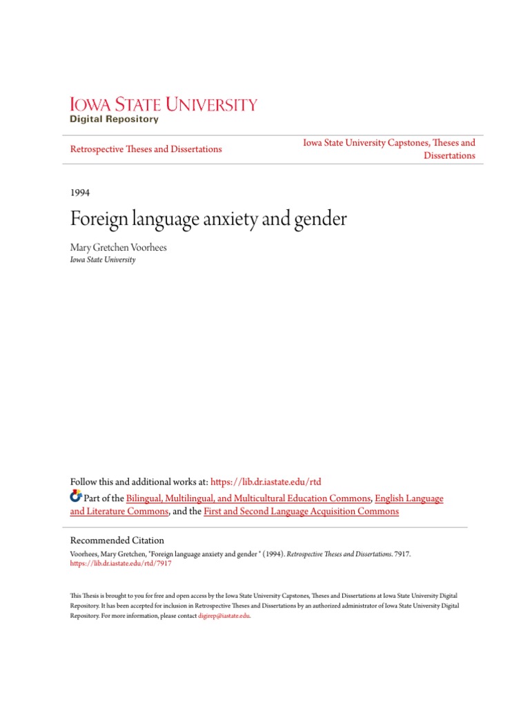 Foreign Language Anxiety and Gender Study | PDF | Anxiety | Thesis