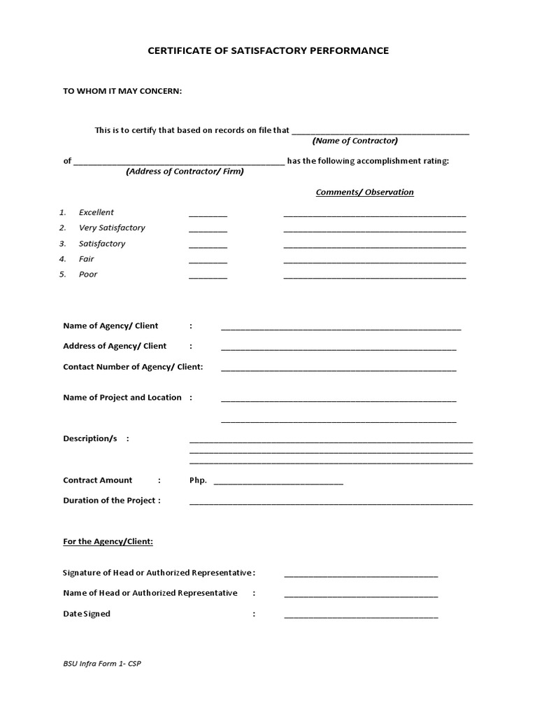 Certificate of Satisfactory Performance PDF