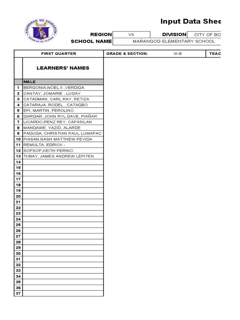 Class Record for Grade III-B Students of Marangog Elementary School for ...