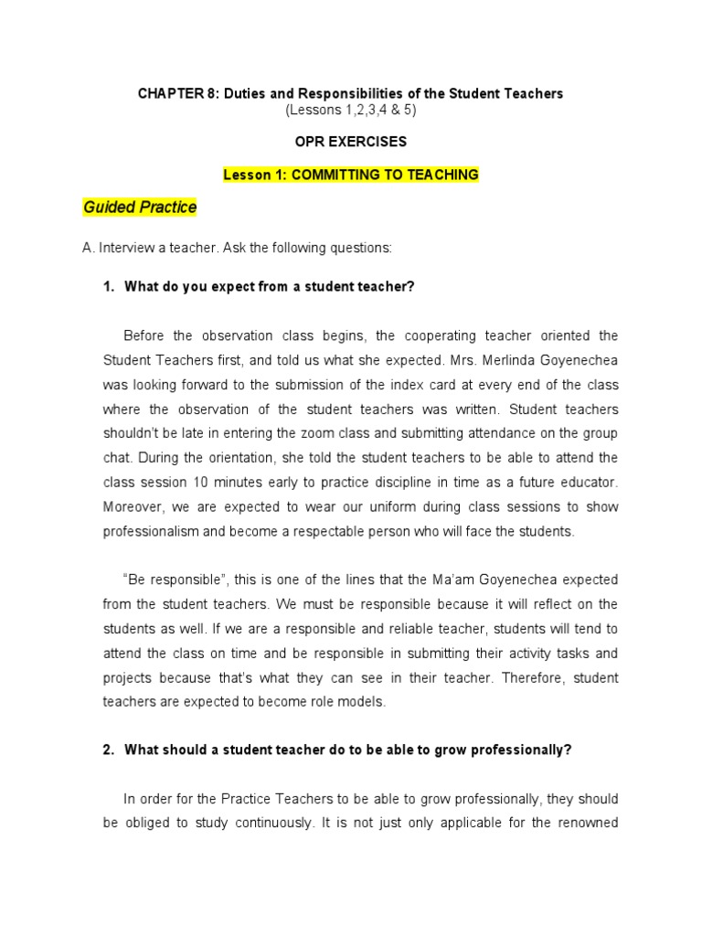 Student Teacher Duties and Responsibilities | PDF | Teachers | Lesson Plan