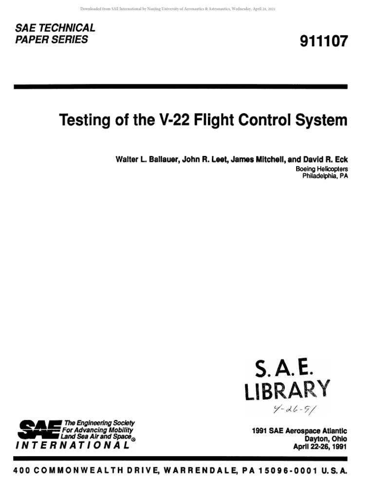 Testing of The V22 Flight Control System PDF Aircraft Flight