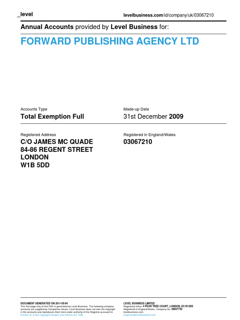 FORWARD PUBLISHING AGENCY LTD - Company Accounts From Level Business | PDF